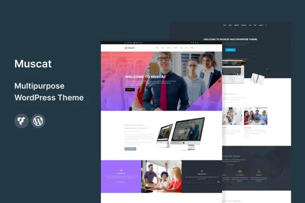 Muscat multipurpose WordPress theme preview with business, portfolio and blog layouts