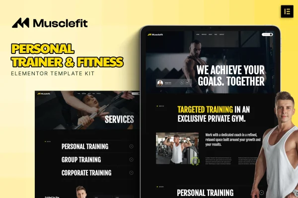 Musclefit personal trainer and fitness Elementor template kit preview