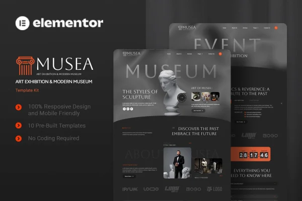 Musea art exhibition and modern museum Elementor template kit preview