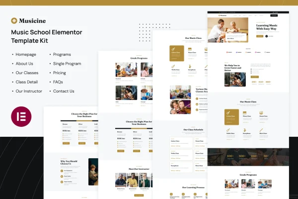 Musicine music school Elementor template kit preview