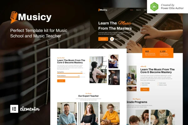 Musicy music school Elementor template kit preview showing website page layouts