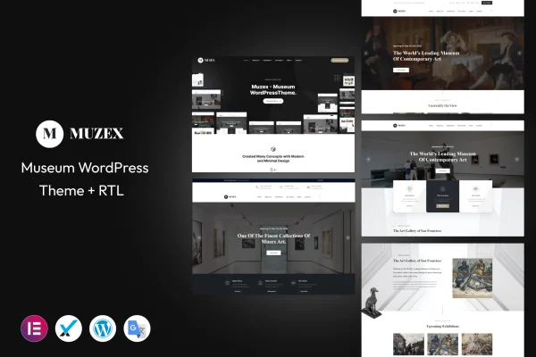 Muzex museum WordPress theme preview with exhibit and gallery layout