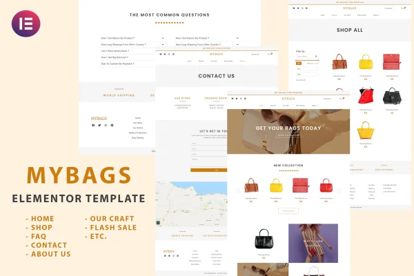Mybags Elementor template kit preview showing an online bag store design