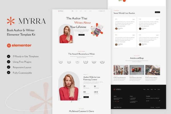 Myrra book author and writer Elementor template kit preview