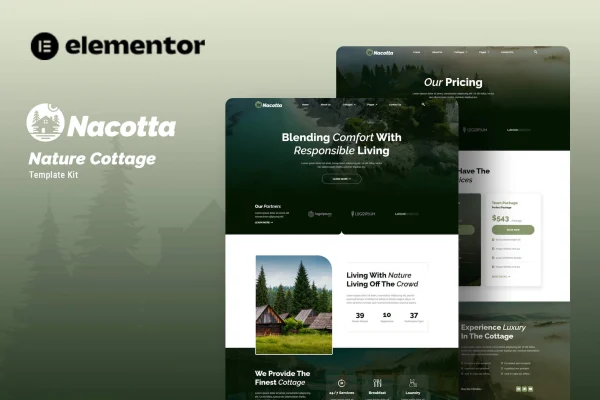 Nacotta nature cottage Elementor template kit preview with outdoor lodging page layouts
