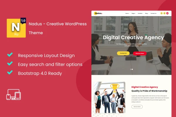 Nadus creative WordPress theme cover showing portfolio page layouts