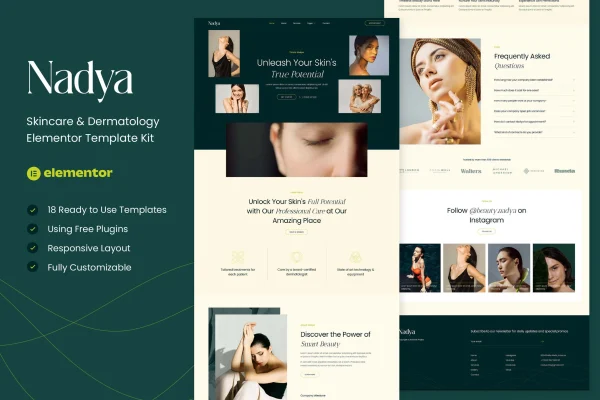 Nadya skincare and dermatology Elementor template kit preview