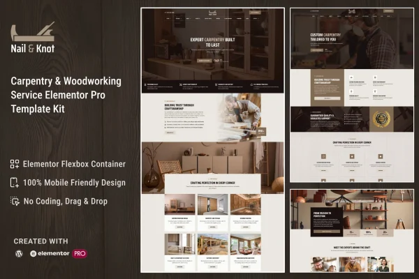 Nail&Knot carpentry and woodworking Elementor template kit preview