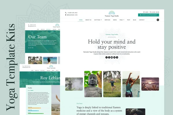 Namaste yoga and fitness Elementor template kit preview with calm studio page layouts