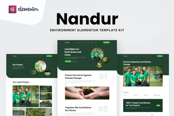 Nandur environmental Elementor template kit cover with eco-themed page layouts