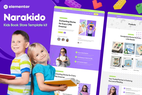 Narakido kids bookstore Elementor template kit preview with colorful, playful page layouts