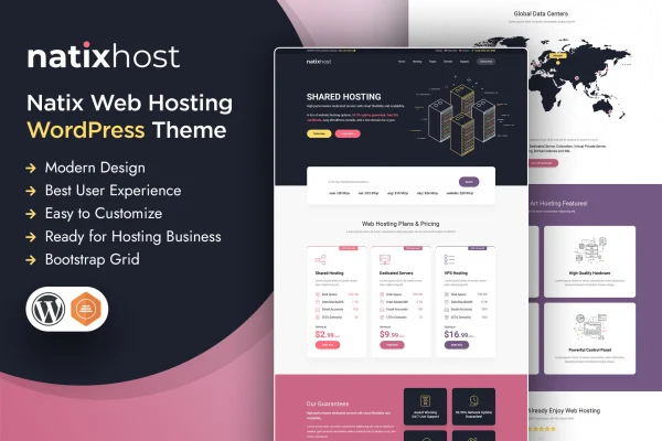Natix web hosting WordPress theme preview with hosting plans and pricing tables