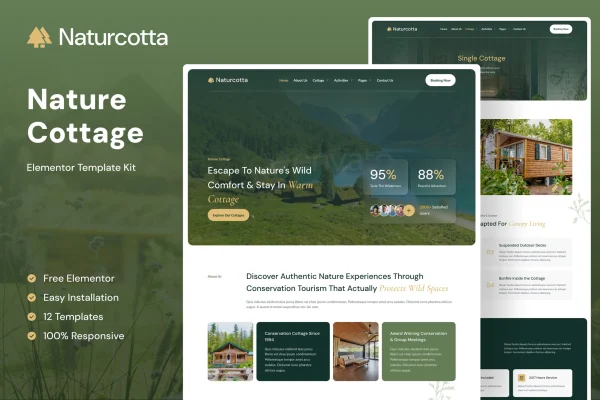 Naturcotta Elementor template kit cover showing rustic nature cottage website pages