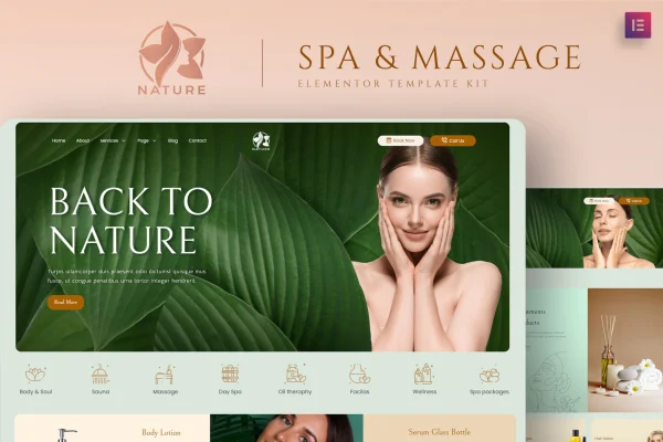 Nature spa and massage Elementor template kit preview with calm, natural page designs