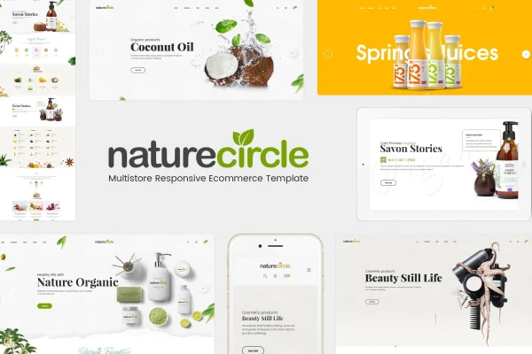 NatureCircle organic WooCommerce WordPress theme preview with green store design
