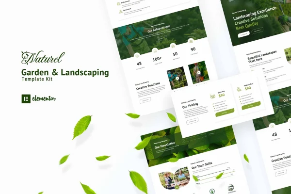 Naturel Garden & Landscaping Elementor Template Kit preview with garden themed website pages