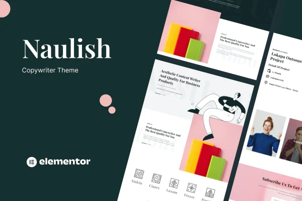 Naulish copywriter Elementor template kit preview showing website page layouts
