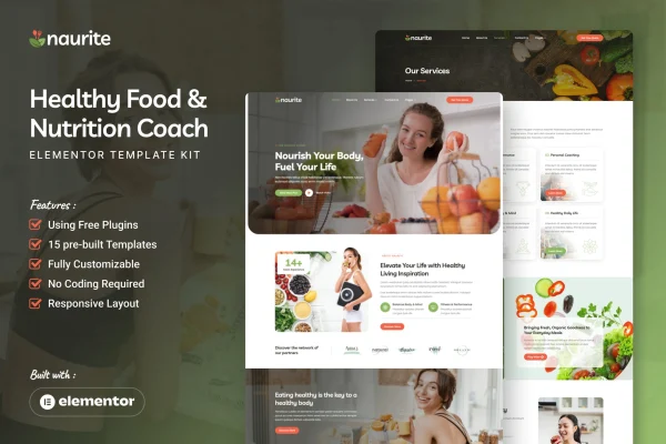 Naurite healthy food and nutrition coach Elementor template kit preview