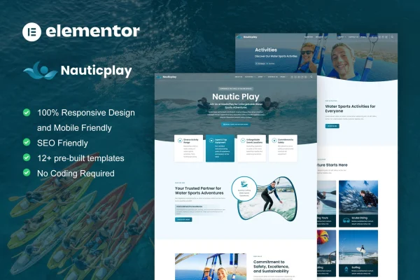 NauticPlay water sports and surfing Elementor Pro template kit preview
