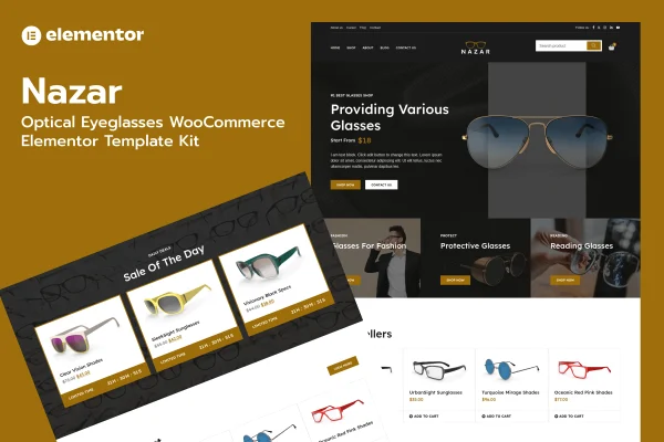 Nazar optical eyewear WooCommerce store Elementor template kit preview