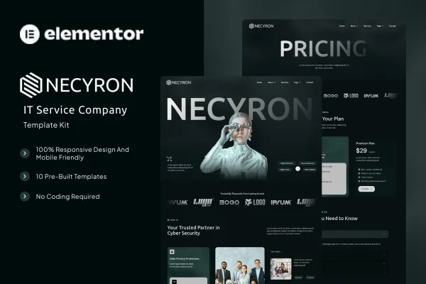 Necyron- IT Service Company Elementor Template Kit cover showing IT company website page designs