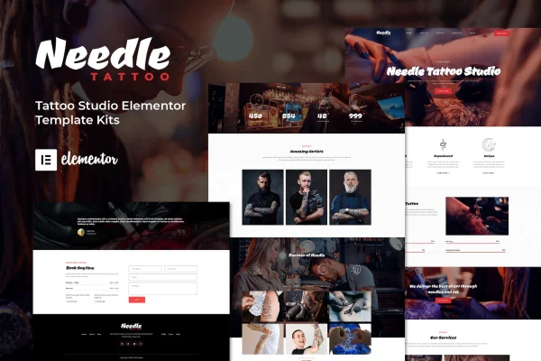 Needle tattoo studio Elementor template kit preview showing dark, modern page layouts