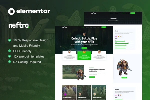 Neftro game NFT Elementor template kit preview showing gaming website page designs