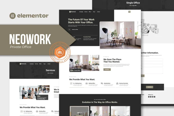 Neowork private office Elementor template kit preview with coworking website page layouts