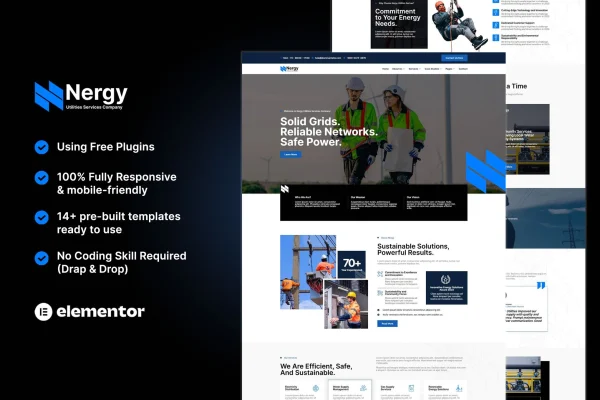 Nergy utilities services company Elementor template kit preview