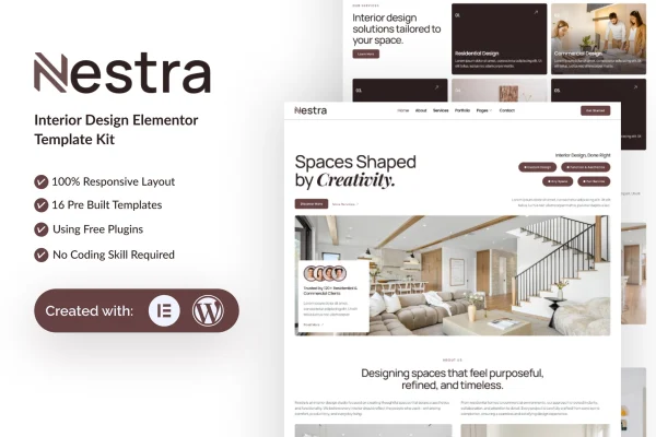 Nestra interior design Elementor template kit cover image