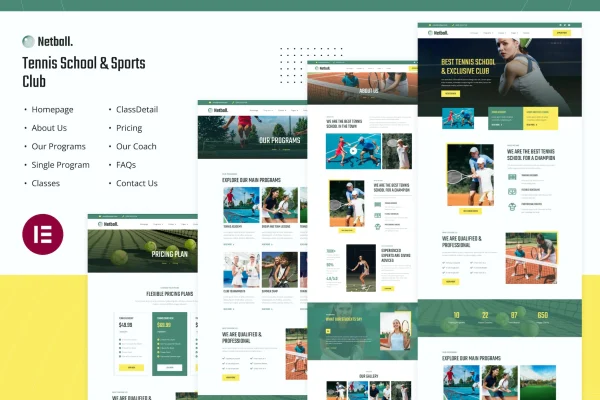 Netball and tennis sports club Elementor template kit cover image