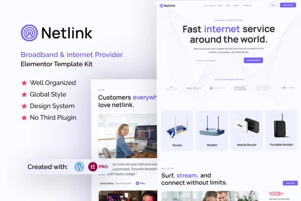 Netlink broadband and internet provider Elementor template kit preview