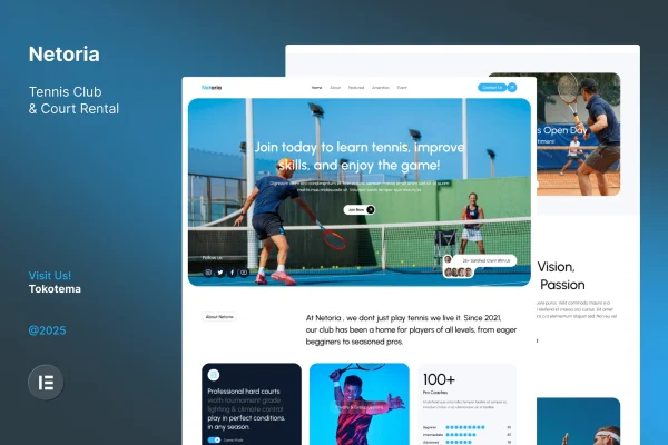 Netoria tennis club and court rental Elementor template kit preview