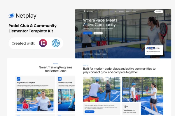 Netplay padel club and community Elementor template kit preview