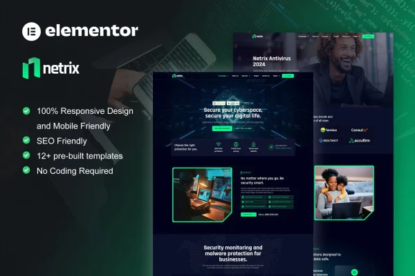 Netrix cyber security services Elementor template kit preview