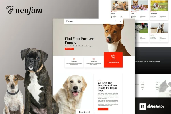 NeuFam dog breeder and kennel club Elementor template kit preview