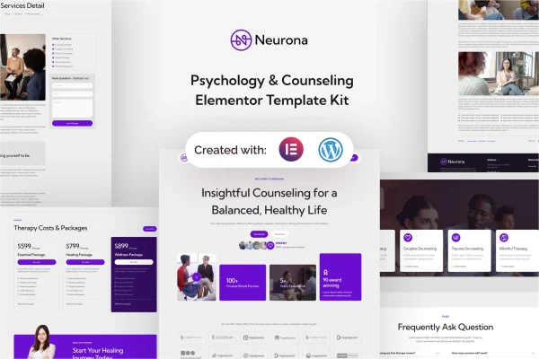 Neurona psychology and counseling Elementor template kit cover image