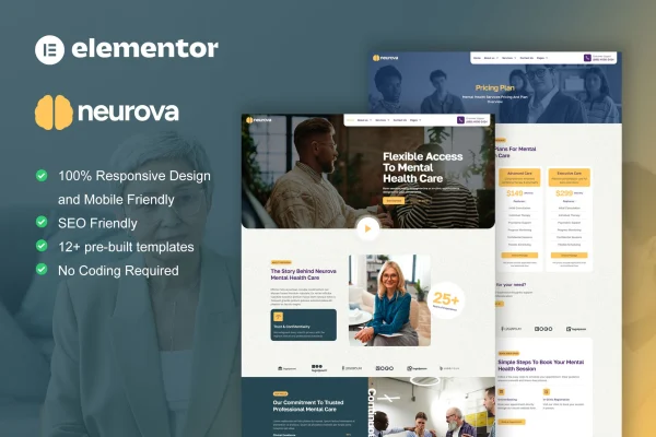 Neurova mental health and therapy Elementor template kit preview