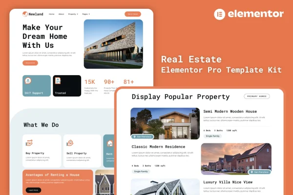 Newland real estate Elementor Pro template kit cover with property website page layouts