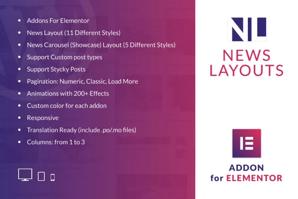 News Layouts for Elementor plugin banner showing news grid and carousel layouts