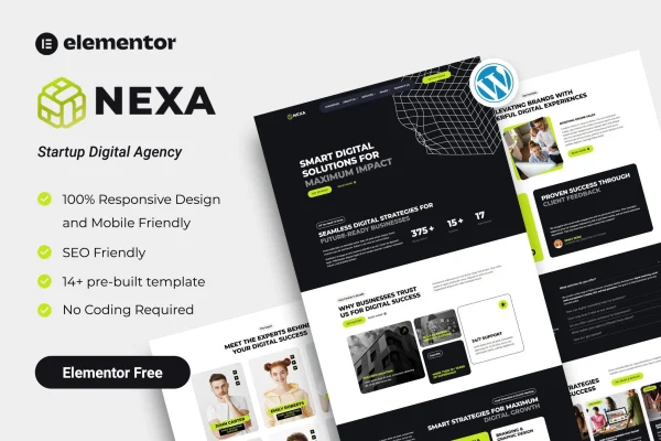 Nexa startup digital agency Elementor template kit cover showing website page layouts