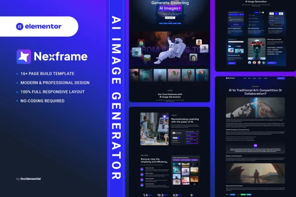 Nexframe AI image generator Elementor template kit cover showing page layouts