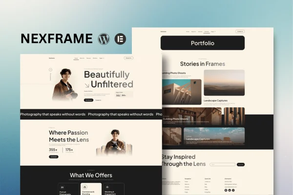 Nexframe photography and portfolio Elementor kit cover image