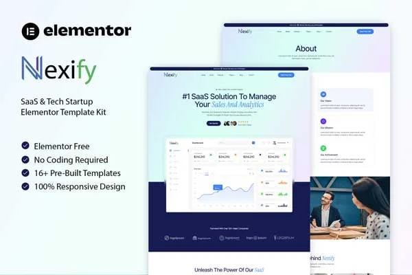Nexify SaaS and tech startup Elementor template kit preview