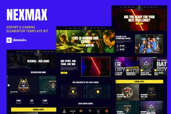 Nexmax esports and gaming Elementor template kit cover image