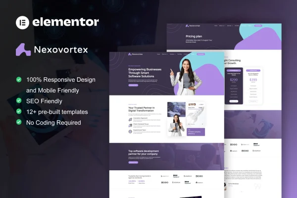 Nexovortex software company Elementor Pro template kit preview
