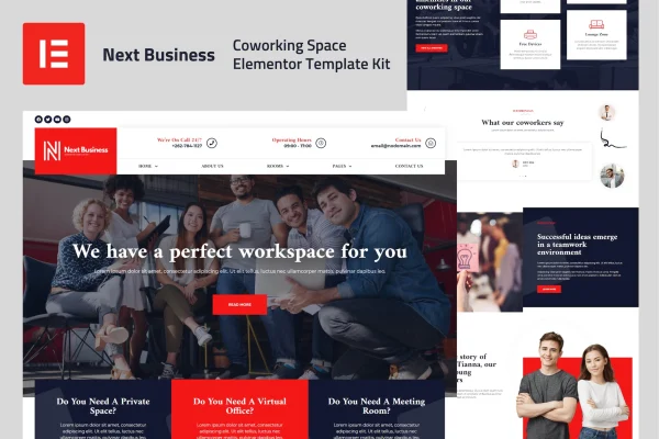 Next Business coworking space Elementor template kit preview