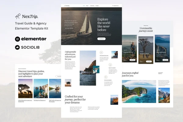 NextTrip travel guide and agency Elementor template kit cover image