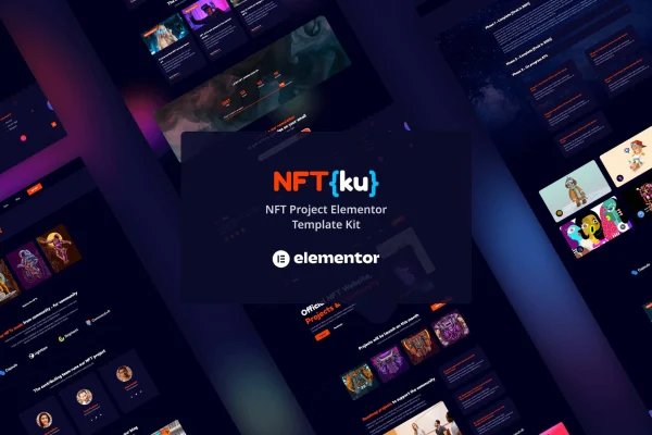 NFTku NFT project Elementor template kit cover with dark crypto themed page previews