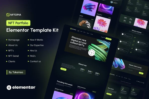Nftopia NFT portfolio Elementor Pro template kit preview